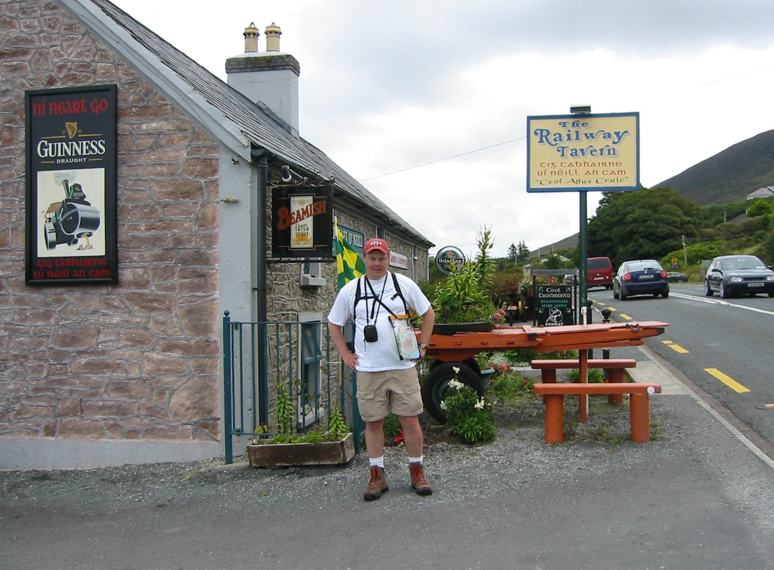 Gavan at the end of our walk, the Railway Tavern in Camp