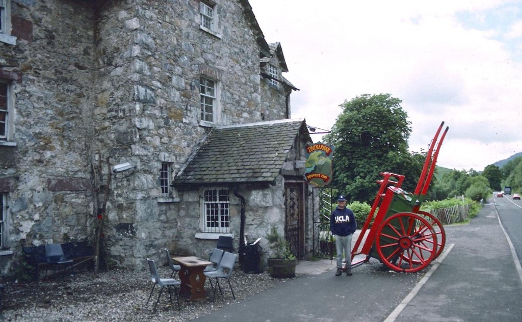 Somewhat dryer, I pose in front of the Drover’s Inn, Inverarnan.