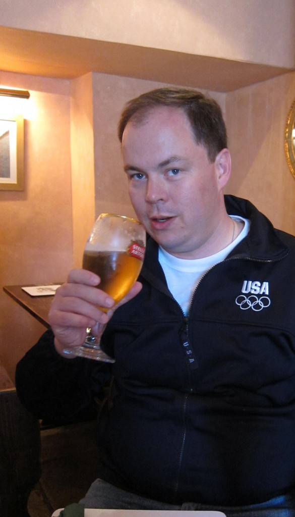 Gavan celebrates the end of a long day and the completion of 800 miles on Anglo-Celtic footpaths