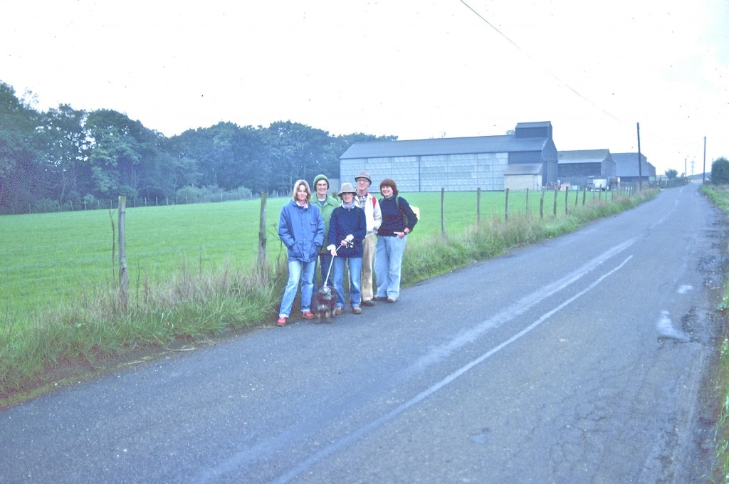 Near Harp Farm. From left: Marge, Tosh, Dorothy (with Bertie on lead), Harold, Jude.