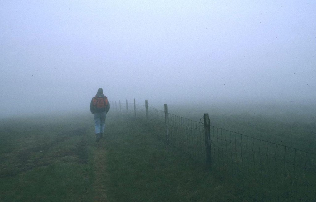 Tosh disappears into the mist on Red Crag.