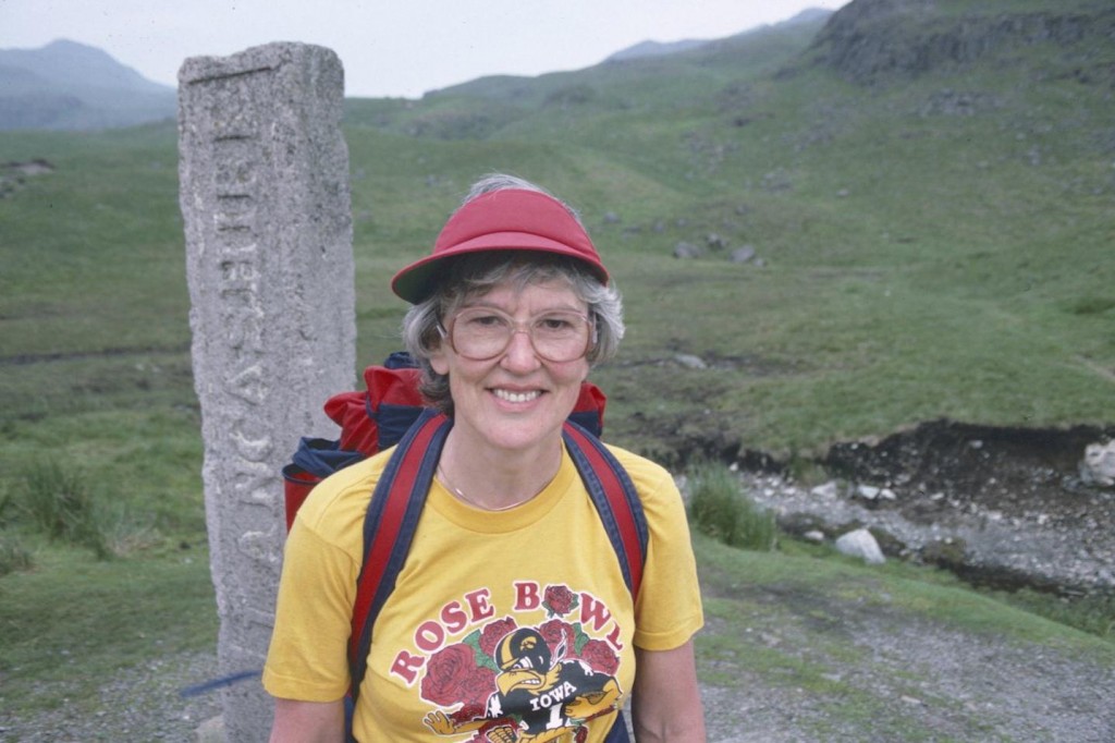In her Iowa t-shirt Tosh celebrates 400 miles on British footpaths at the Three Shires Stone. This shot was also used as an illustration in A Walker’s Alphabet.