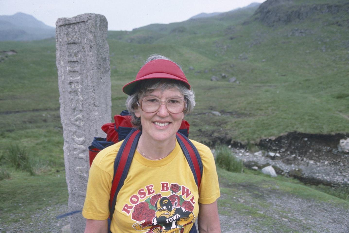 In her Iowa t-shirt Tosh celebrates 400 miles on British footpaths at the Three Shires Stone. This shot was also used as an illustration in A Walker’s Alphabet.