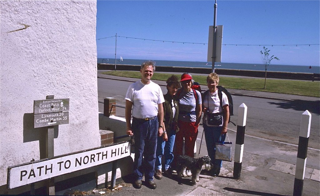 The author, Dorothy, Tosh, Toby the Schnauzer and Janet Lockwood at the start of the walk in Minehead