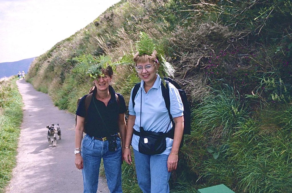 As Toby looks on with incredulity, Dorothy and Janet try out their anti-insect bracken headgear on the famous North Walk. I used a version of this photo as an illustration in A Walker’s Alphabet.