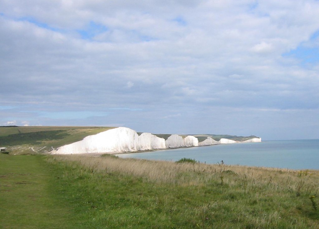 the Vanguard Way heads for Newhaven the spectacular prospect behind the walker includes the famous Seven Sisters