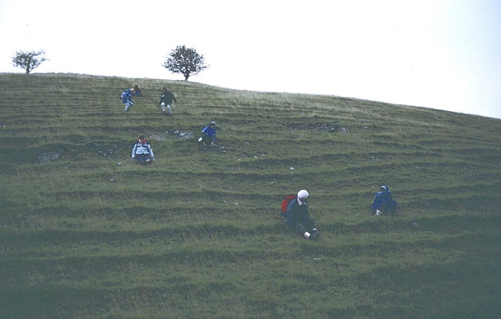 The ladies now find a unique method of descending into the dry valley that will lead us to the River Dove.