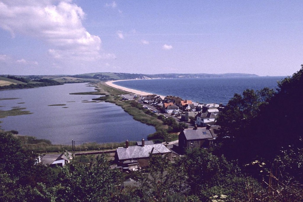 Slapton Ley on the left, with Torcross and the sea on the right