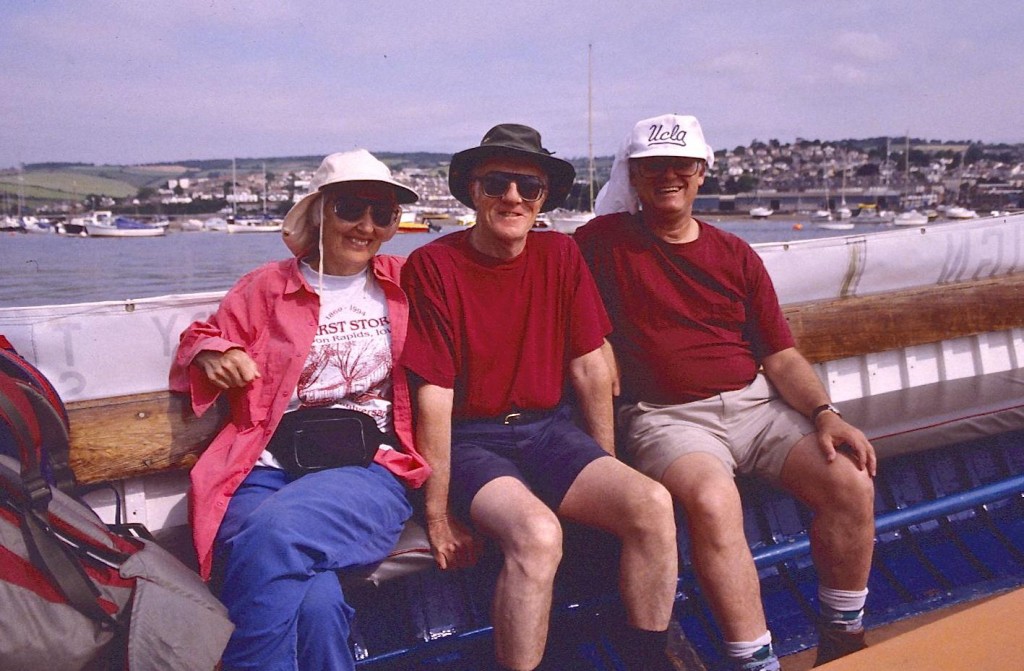 Aboard the Teignmouth ferry; I am wearing, of course my famous UCLA Camel Corps cap.
